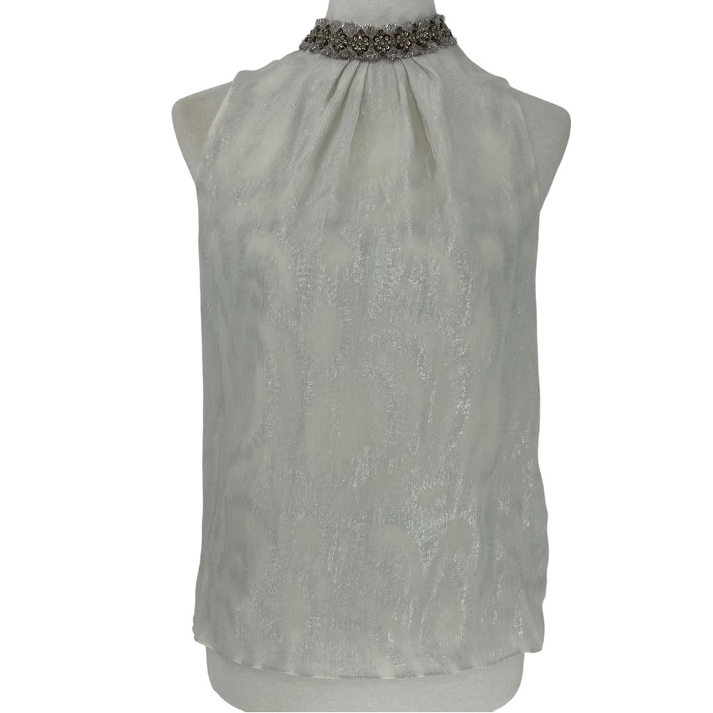 Peter Som white silk flowy sheer embellished mock neck sleeveless top